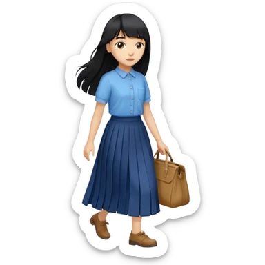 hair : black long hair with fringe 
skin : light 
cloth : oversize light blue shirt + navy long long skirt 
motion : walking without bag  sticker