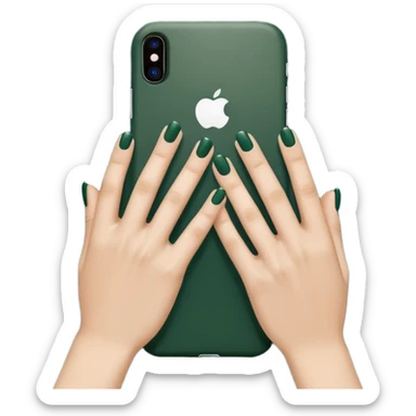 female hand with nude manicure (5 fingers) holding an iPhone in a dark green case, top view, minimalism, emoji style sticker