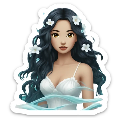 Pretty young Lady doll posing posed pose with long black hair flowers in hair white dress surrounded by flowing water water swirls waves sticker