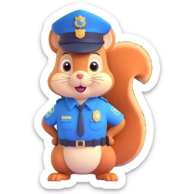a squirrel dressed as a policeman, detailed uniform, friendly expression, standing upright, clear police hat and badge sticker