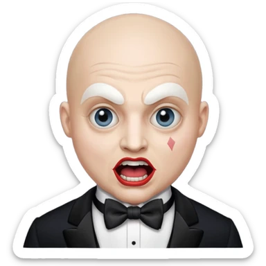 a bald cabaret actor with a white-painted face and heavily made-up eyes and mouth, a huge, wide-open mouth, and a startled look sticker