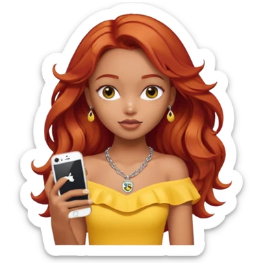 a pretty bratz girl with wavy red hair, wearing a yellow brazil jersey falling off her shoulder. silver dainty layered necklaces, carrying an iphone sticker