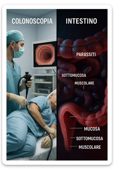 A split-screen medical illustration in cinematic style: on the left side, a doctor performing a colonoscopy on a patient in a sterile clinic, with the endoscopic camera displaying clean, healthy mucosal surfaces on a screen. On the right side, a symbolic cross-section of the same intestine — but shown in deeper layers beneath the surface, where parasitic organisms (small, translucent or shadowy figures) hide between folds and tissues not visible via standard scope. The contrast is clear: what is seen vs. what remains hidden. Lighting on the left is bright, sterile, clinical; lighting on the right is darker, with red and blue tones to suggest inflammation and invasion. Shot in hyper-realistic 3D medical style, educational but emotionally charged IN ITALIANO sticker