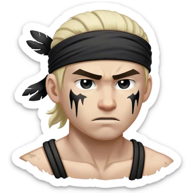 A battle-worn warrior with a black headband, sweat and dirt streaked across his pale skin sticker