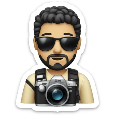 white skin photographer holding a camera with sunglasses and a goatee and blackhair sticker