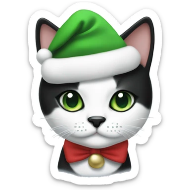 Tuxedo cat with green eyes with black spot under the nose and christmas hat on  sticker