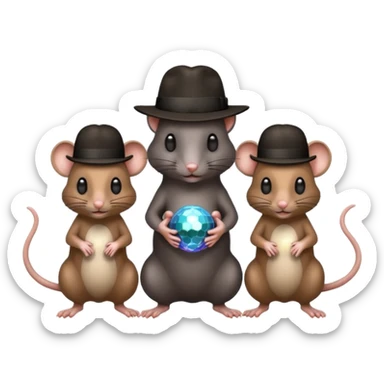 A black rat wearing a fedora standing between two brown rats wearing fedoras holding a disco ball sticker