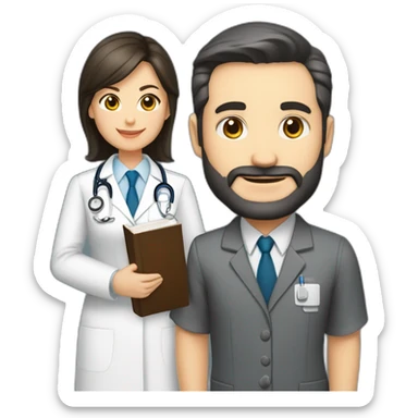 husband caucasian age 55 dark hair trimmed beard wearing business suit holding bible, wife asian age 55 dark hair nurse uniform, no children sticker