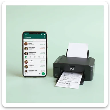 realistic thumbnail for a WhatsApp print out service, showing a smartphone with WhatsApp open displaying a chat with various file types including photos, documents, PDFs being sent, and a printer printing out different types of files, clean background sticker