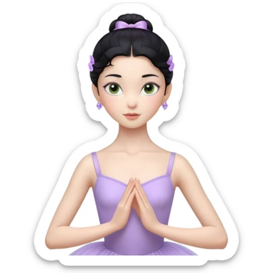 Cinematic Realistic ballerina Light Purple Portrait, depicted with lifelike skin texture, subtle rosy undertones, and soft natural lighting that enhances the gentle contours of her face. Her intricately detailed sweet black hair is elegantly styled, green eyes sticker