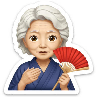 japanese culture old woman with white wavy hair and wrinkles holds a fan to cover her face sticker