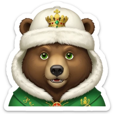 Dark brown grizzly bear face with green eyes, wearing a white fur hat with golden Russian coat of arms in the middle sticker