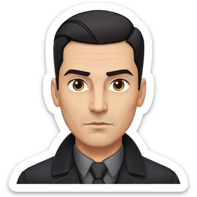 Athletic Hispanic man in his 40s-50s with light brown skin, short straight black hair slicked back with fade on sides, square face with strong jawline, thick eyebrows, wide nose, wearing black overcoat with gray buttoned shirt underneath sticker