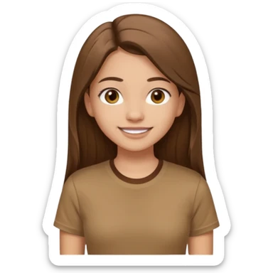 Waist-up girl standing straight on white background. Wearing a brown Skims t-shirt. Very long straight brown hair with a middle part. Brown eyes with long lashes. Smiling with braces. sticker