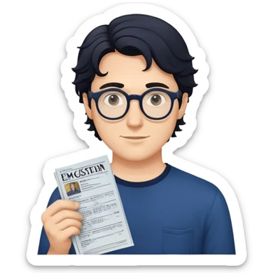 Young caucasian man with longer wavy black hair, round glasses, dark blue shirt, with theater playbill in hand sticker