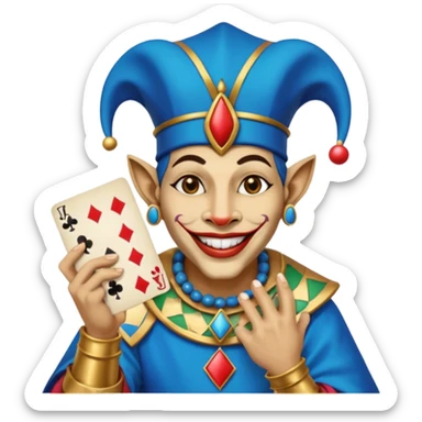 crazy colorful egyptian anubi jolly joker from poker, medieval, vintage, court jester, mac os icon, blue color, holds a single poker card on the right paw sticker