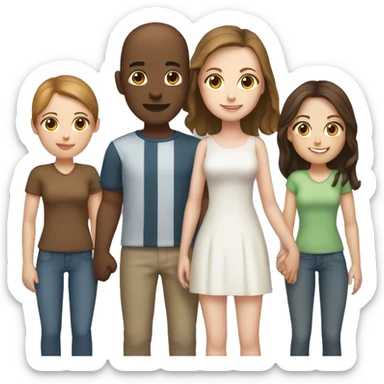 Two girls and one guy holding hands, both girls white skin, one girl brown hair, other girl no hair, guy is standing in the middle and has short brown hair sticker