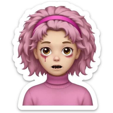 brown fluffy haired zombie with pink turtleneck sweater and hair band sticker