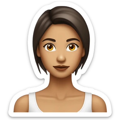 Chica morena de piel con pelo castaño oscuro listo y largo. Cara delgada, ojos marrones oscuros y labios carnosos. . Delgada . Top blanco.  sticker