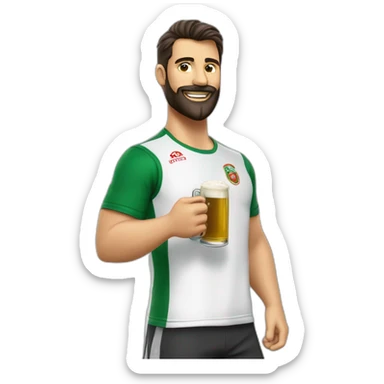 Hombre moreno con barba tomando cerveza con una camiseta del Córdoba C.F sticker