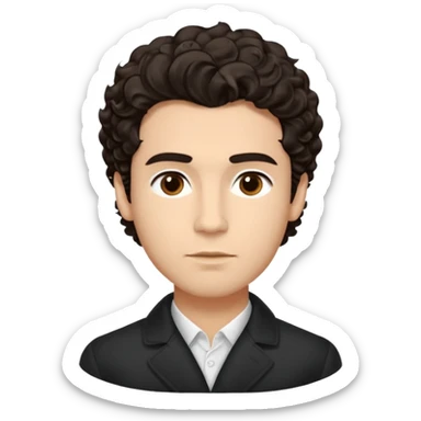 He’s a man with light to medium skin, a defined oval face, full brows, deep-set eyes, and wavy short dark brown tall puffy hair styled with height, sides are trimmed. expression calm and focused relaxed black open-collar .polished, articulate, and coach vibe. sticker