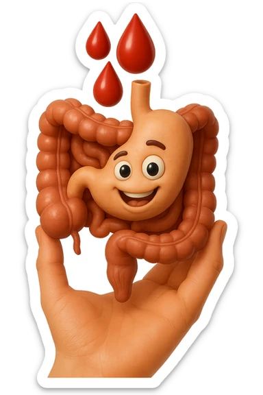emoji stile iphone 3d di stomaco e intestino collegati verticalmente con 3 gocce di sangue 3d in mano, iperrealistiche 4k sticker