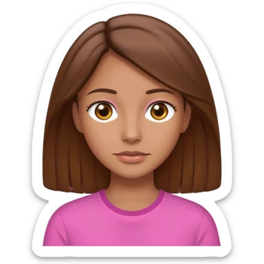 Tan woman with brown hair in a middle part with brown eyes and a pink shirt sticker