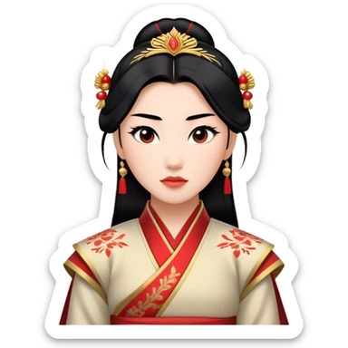 Cinematic Majestic Mulan Portrait Emoji, rendered in a clean, vector-style with bold, simplified shapes. Depict Mulan with a serene, noble expression, warm light skin, and neatly styled black hair, dressed in traditional attire featuring subtle red motifs and gold trim. The image glows with a calm, majestic aura, high shine, and a soft glowing outline, embodying classic elegance. sticker