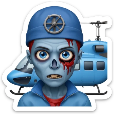 Zombie boy, with a blue face, blue eyes, brown hair and eyebrows, a sticking out fang, a bloody scratch on his face and a helicopter cap sticker