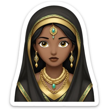  Mujer joven, morena, de gran belleza y porte misterioso.
Ojos grandes y negros, mirada intensa y fija; labios marcados.
-Cabello: Negro, largo y brillante, suele ir cubierto parcialmente por un velo o pañuelo oriental. Cuerpo conpletoVestimenta: Ropa de inspiración arabe brazaletes y pendientes.
 sticker