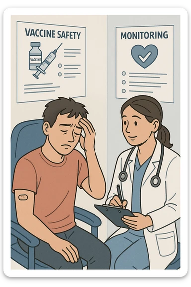 Vertical, educational medical illustration: a healthcare professional observes a patient who appears unwell after receiving a vaccine. The patient sits in a clinic chair, showing mild symptoms such as fatigue or headache, while the professional takes notes and offers reassurance. The background includes educational posters about vaccine safety and monitoring. sticker