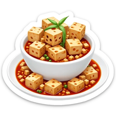 Sichuan Mapo Tofu spicy red dish with tofu cubes, simplified emoji style with bold outlines and bright colors, cartoon style national famous Chinese cuisine sticker