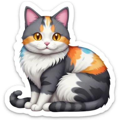 full body large dark grey and white cat cuddling a colourful light patched calico + white tabby cat  sticker