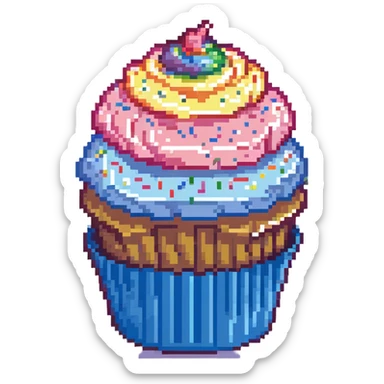 large cupcake with pink frosting, rainbow sprinkles, blue cupcake wrapper, pixel art style sticker