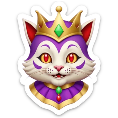 crazy colorful cute little cat jolly joker from poker, medieval, vintage, court jester, mac os icon, purple, gold and red color, half body sticker