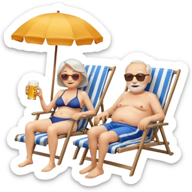 an emoji that shows elderly one slim woman in bikini and one man with dickbauch in bath shorts, both are retired and are lying in sun-chairs at the beach to recover from retiring-stress sticker