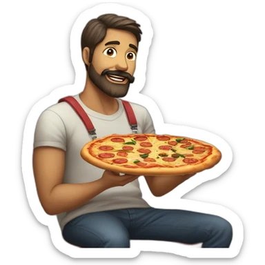 hombre con barba comiendo pizza junto a su perro sticker