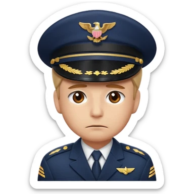 Slack-style emoji of a pilot wearing a navy captain hat feeling sad sticker