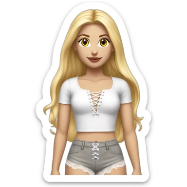hyperrealistic caucasian female, long straight blonde hair, white lace up crop top, grey mini skirt, body view sticker