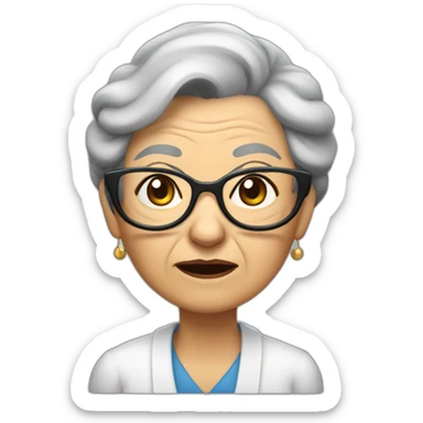 An elderly woman with raised eyebrows and a dissatisfied face. She has dark hair that is pulled into a bun at the back and she is wearing cat-like glasses. sticker