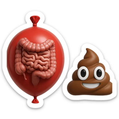 intestino umano anatomico chiuso in un palloncino rosso che simboleggia gonfiore, accanto un simbolo di cacca stile emoji iphoneche simboleggia "diarrea", iperrealistico 4k sticker