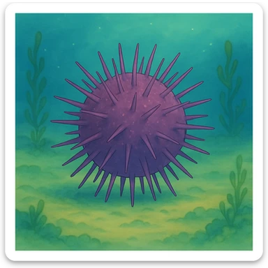 Another sea urchin in Ghibli style, underwater scene, round and spiky, with a hint of purple, no text. sticker