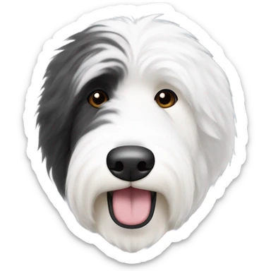 Old English sheepdog face with the right half of his face white and the left half of his face black. White around the mouth and nose sticker