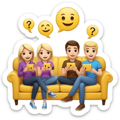group of friends on couch playing a trivia game couch should be deep dark yellow color.  include a small wooden table in front of the couch as well.  Add 1 smiling face emoji and 2 question marks above their heads sticker