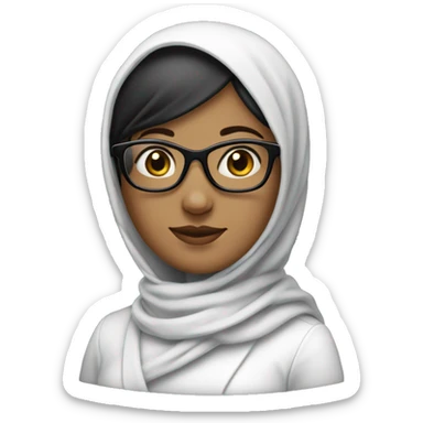 Create a photo of a woman with a headscarf and glasses. The woman's clothes should be black. The woman's headscarf should also be black. The headscarf on the character's head should be in black tones, not white. sticker
