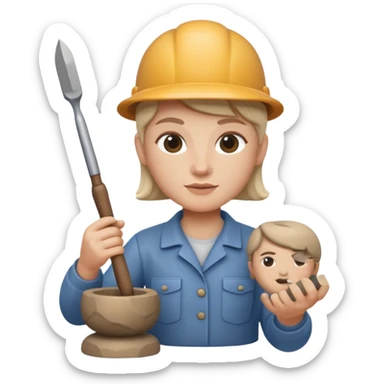 Apple Memoji-style 3D emoji of a sculptor with a small statue and chisel, smooth gradients, rounded edges, no background.during sculpting rock sticker