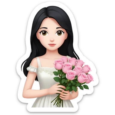 A beautiful girl with long black hair and a white dress is holding a bouquet of pink roses sticker