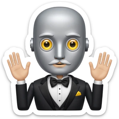 Silver robot with a square head, no hair, yellow eyes without pupils, thick moustache, wearing a tuxedo, buff sticker