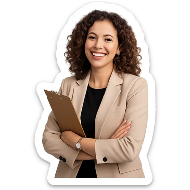 a beautiful, fancy woman as a happy and relaxed project manager, in a professional yet cheerful pose sticker