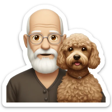 Old man with a white beard and nearly bald holding a brown miniature poodle sticker